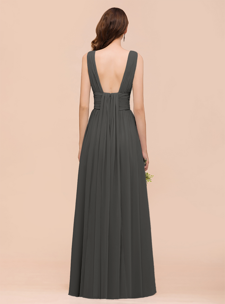 A-line Convertible Pleated Chiffon Floor-Length Dress Mist-koscy