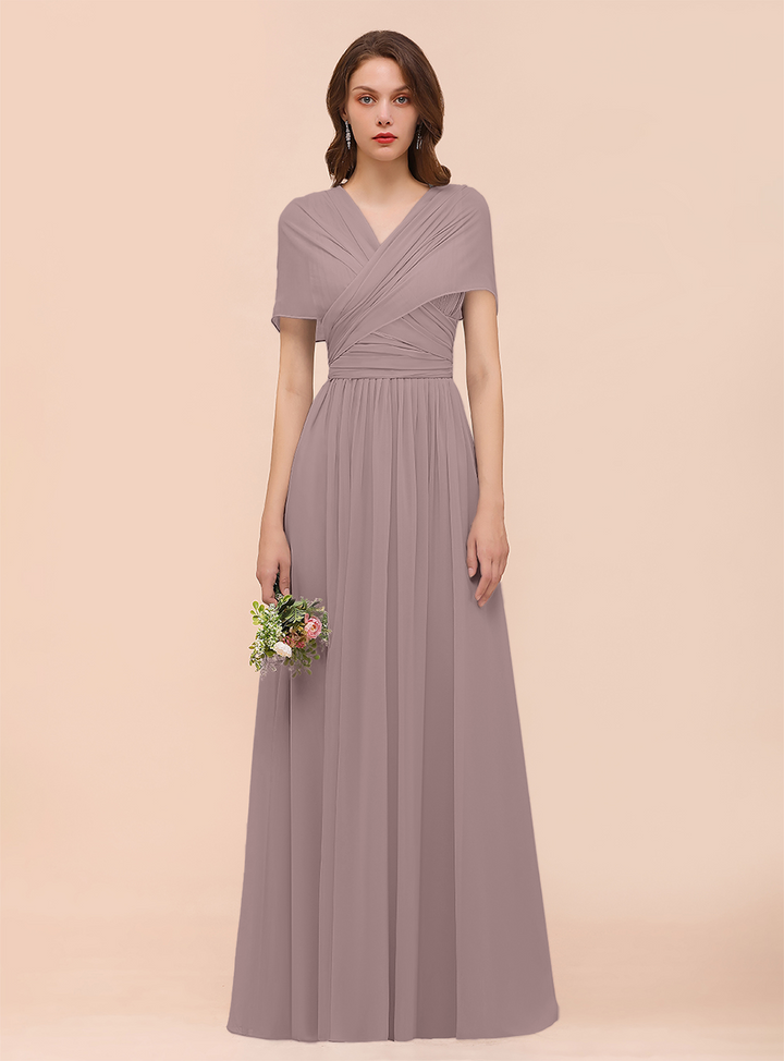 A-line Convertible Pleated Chiffon Floor-Length Dress Mist-koscy