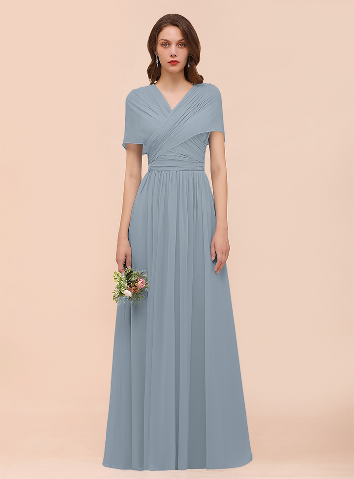 A-line Convertible Pleated Chiffon Floor-Length Dress Mist-koscy