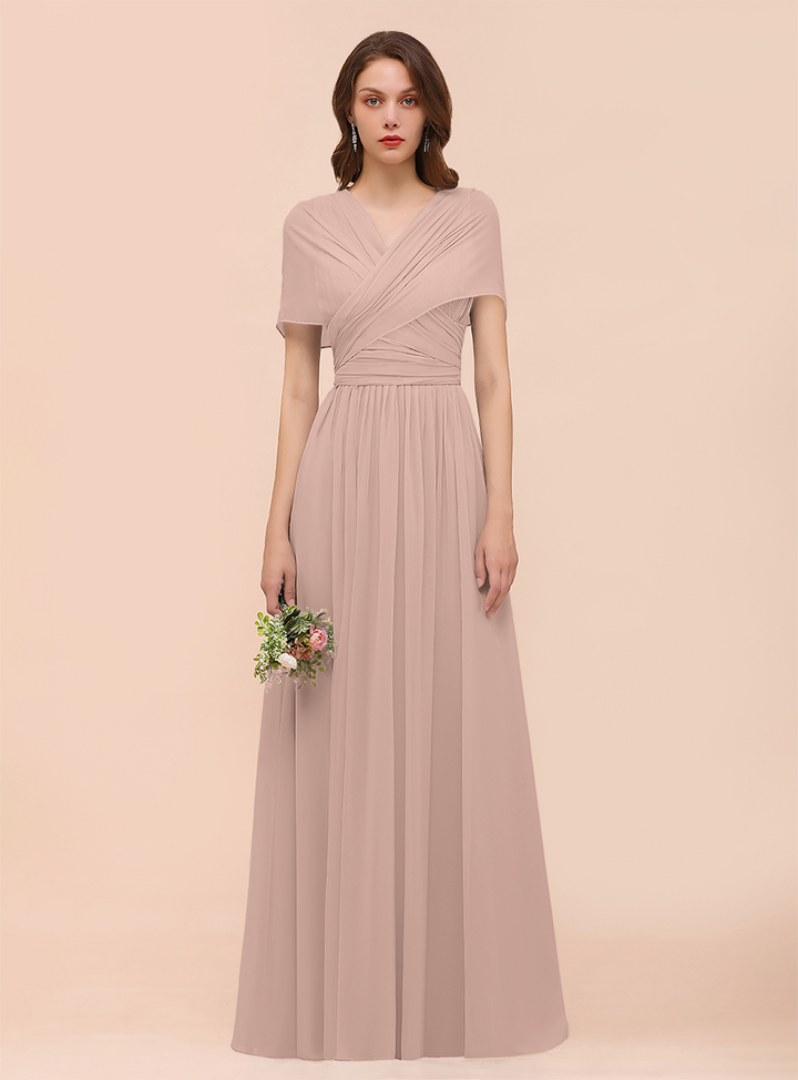 A-line Convertible Pleated Chiffon Floor-Length Dress Mist-koscy