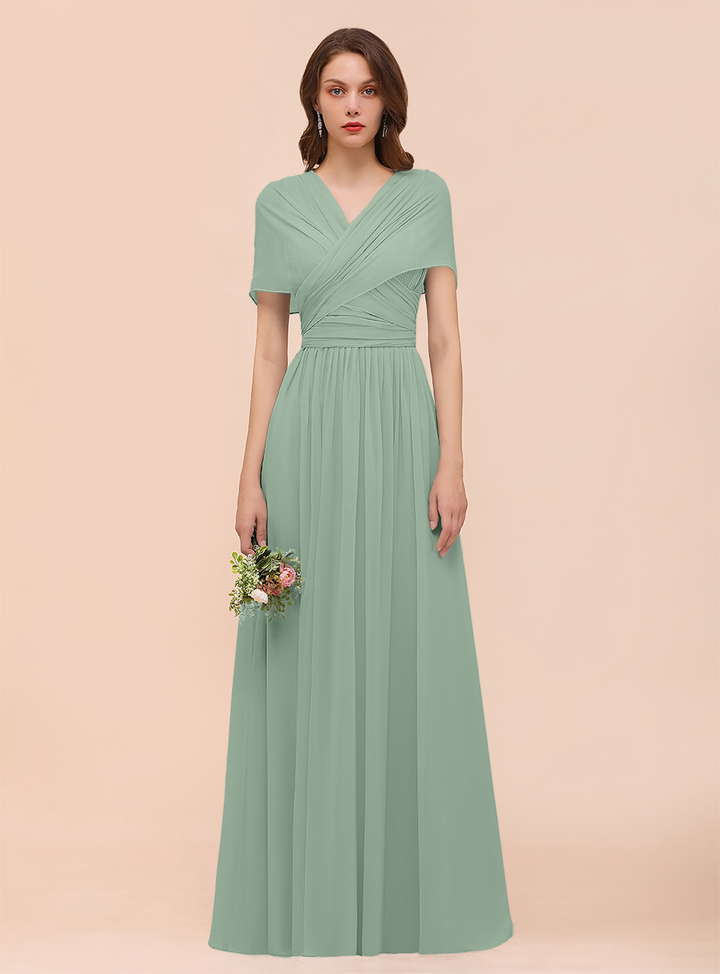 A-line Convertible Pleated Chiffon Floor-Length Dress Mist-koscy