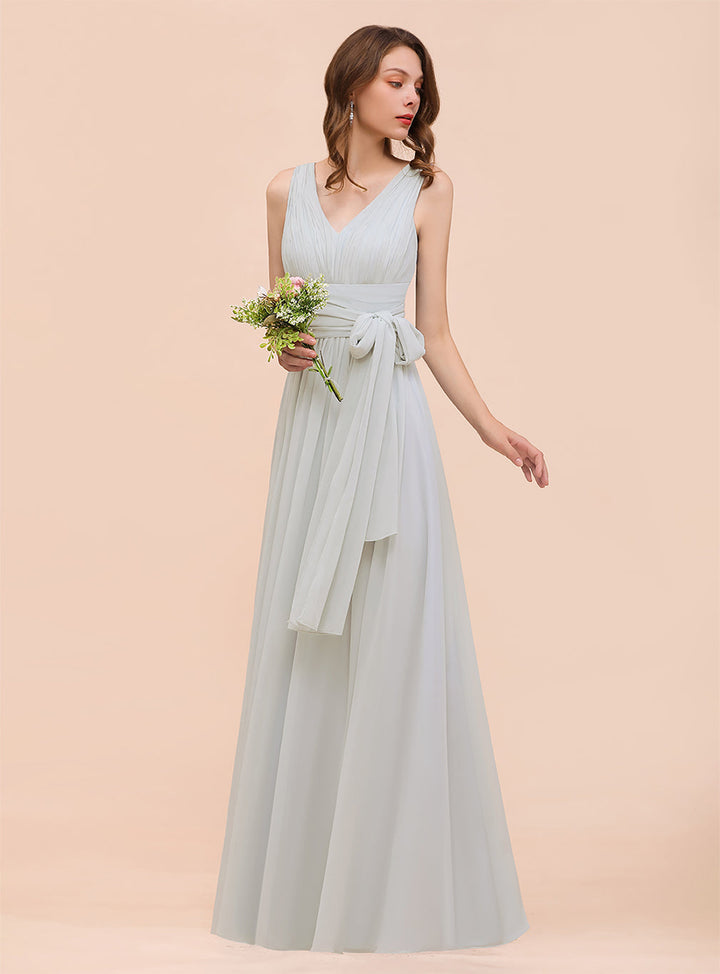 A-line Convertible Pleated Chiffon Floor-Length Dress Mist-koscy