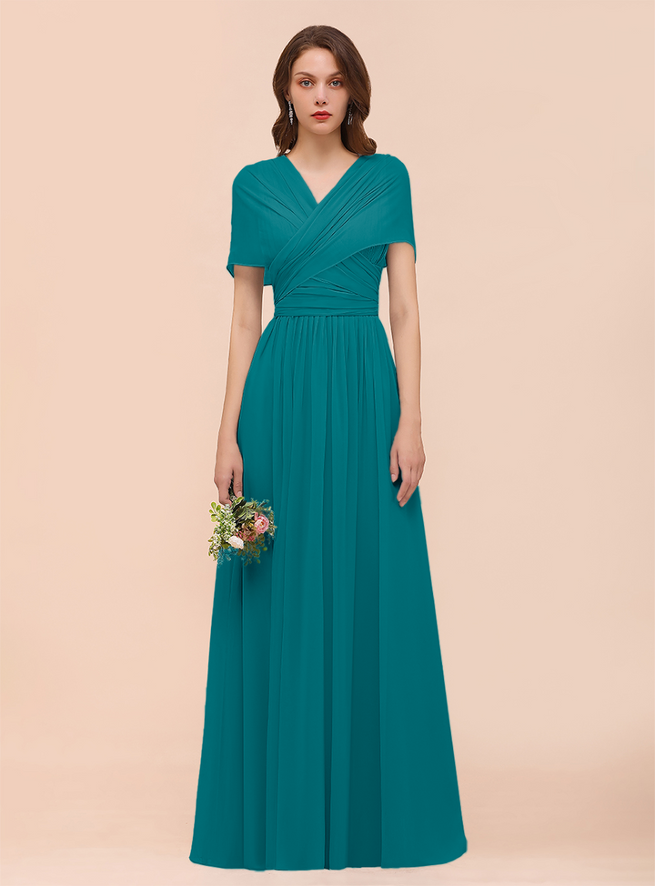 A-line Convertible Pleated Chiffon Floor-Length Dress Mist-koscy