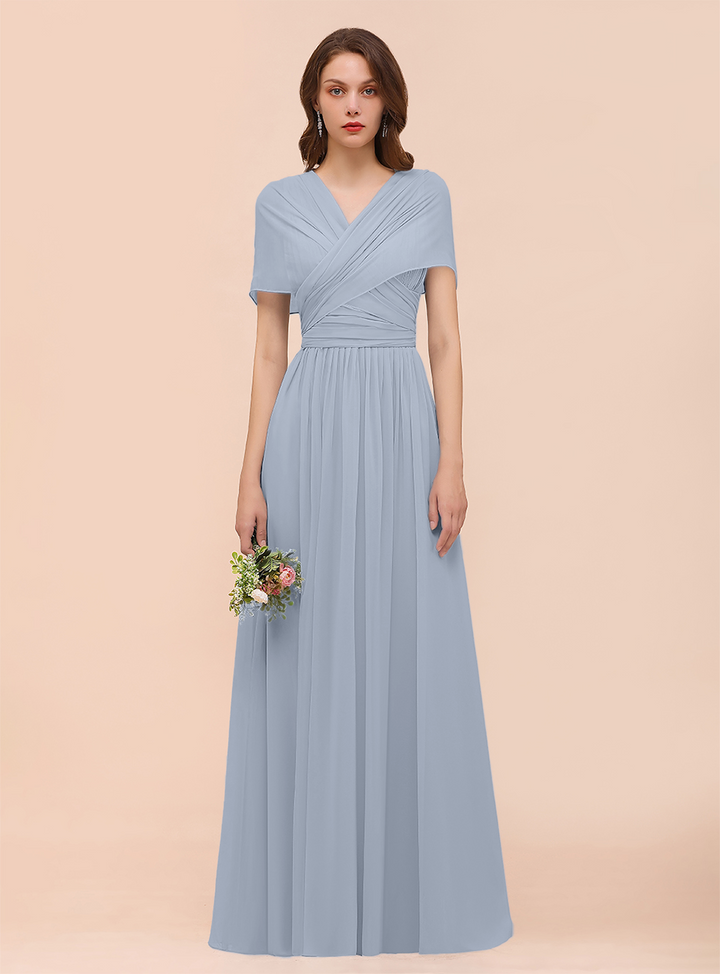 A-line Convertible Pleated Chiffon Floor-Length Dress Mist-koscy