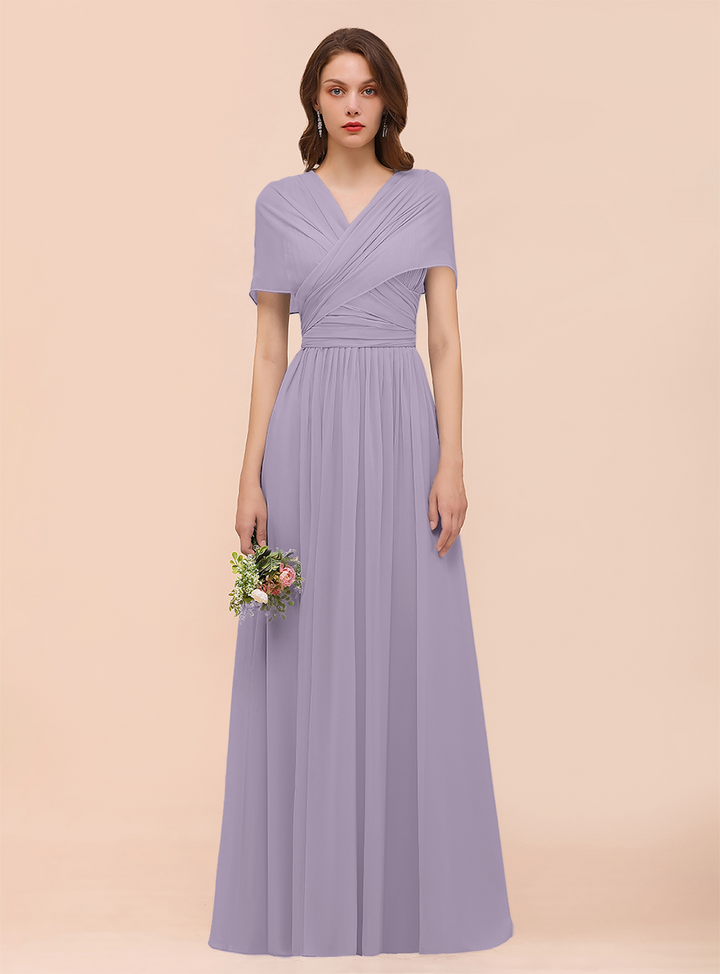 A-line Convertible Pleated Chiffon Floor-Length Dress Mist-koscy