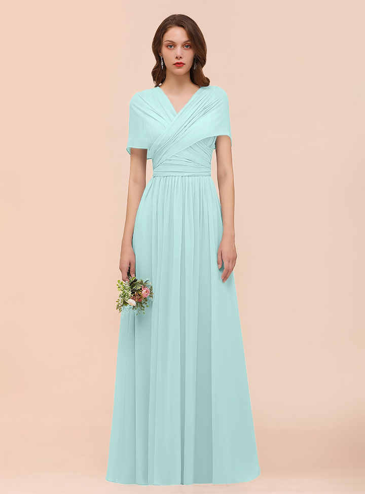 A-line Convertible Pleated Chiffon Floor-Length Dress Mist-koscy