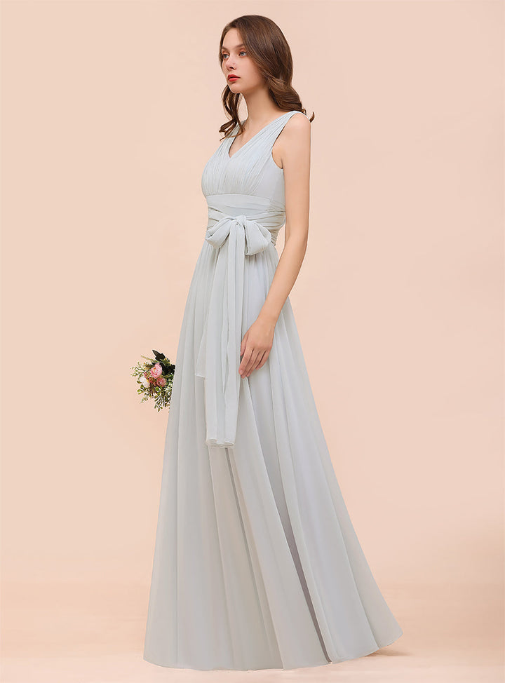 A-line Convertible Pleated Chiffon Floor-Length Dress Mist-koscy