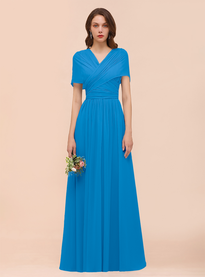 A-line Convertible Pleated Chiffon Floor-Length Dress Mist-koscy