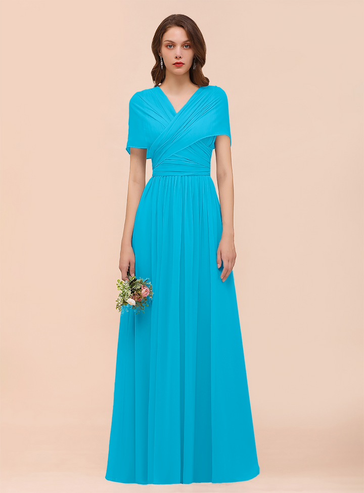 A-line Convertible Pleated Chiffon Floor-Length Dress Mist-koscy