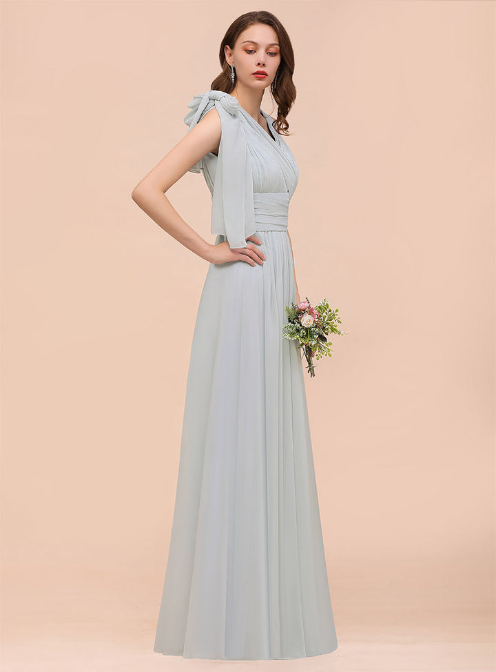 A-line Convertible Pleated Chiffon Floor-Length Dress Mist-koscy