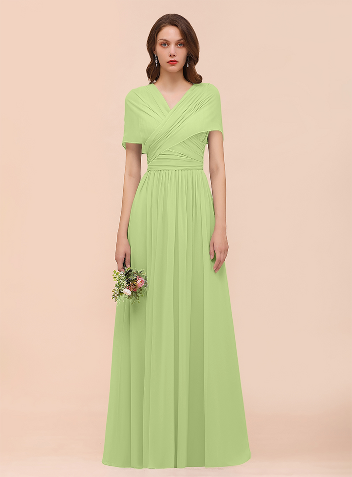 A-line Convertible Pleated Chiffon Floor-Length Dress Mist-koscy