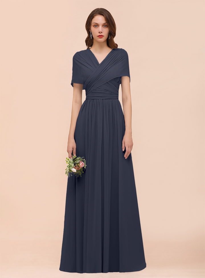 A-line Convertible Pleated Chiffon Floor-Length Dress Mist-koscy