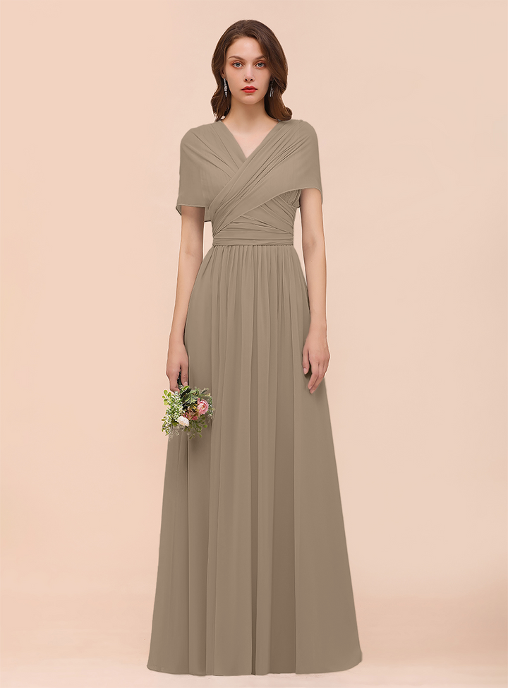 A-line Convertible Pleated Chiffon Floor-Length Dress Mist-koscy