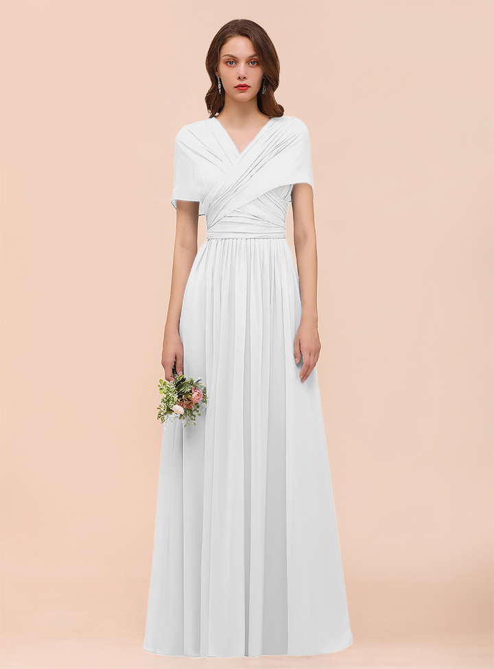 A-line Convertible Pleated Chiffon Floor-Length Dress Mist-koscy