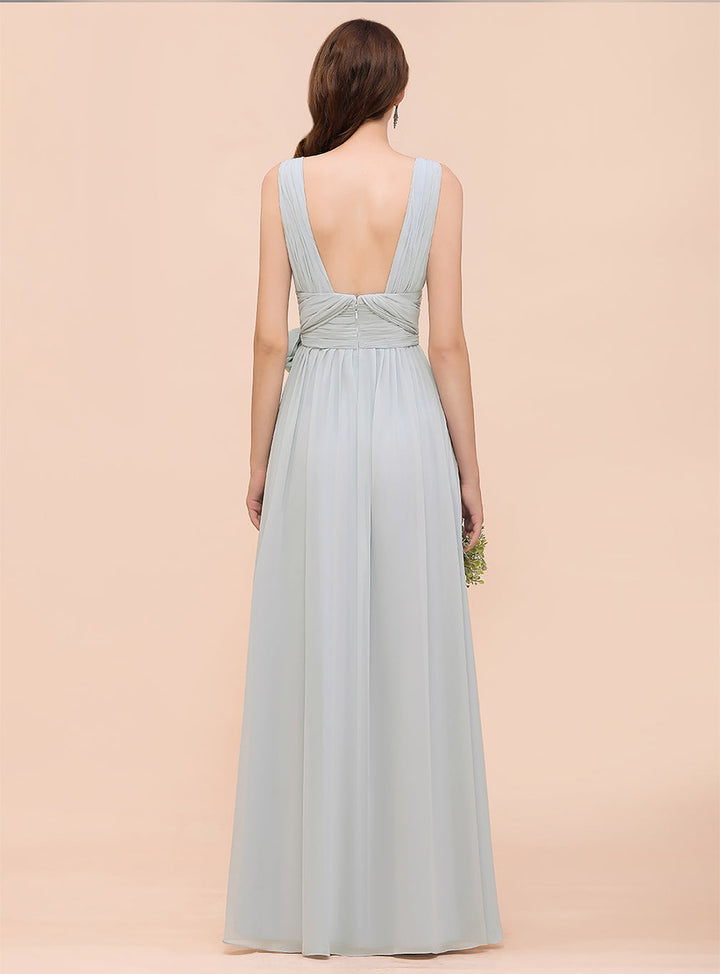 A-line Convertible Pleated Chiffon Floor-Length Dress Mist-koscy