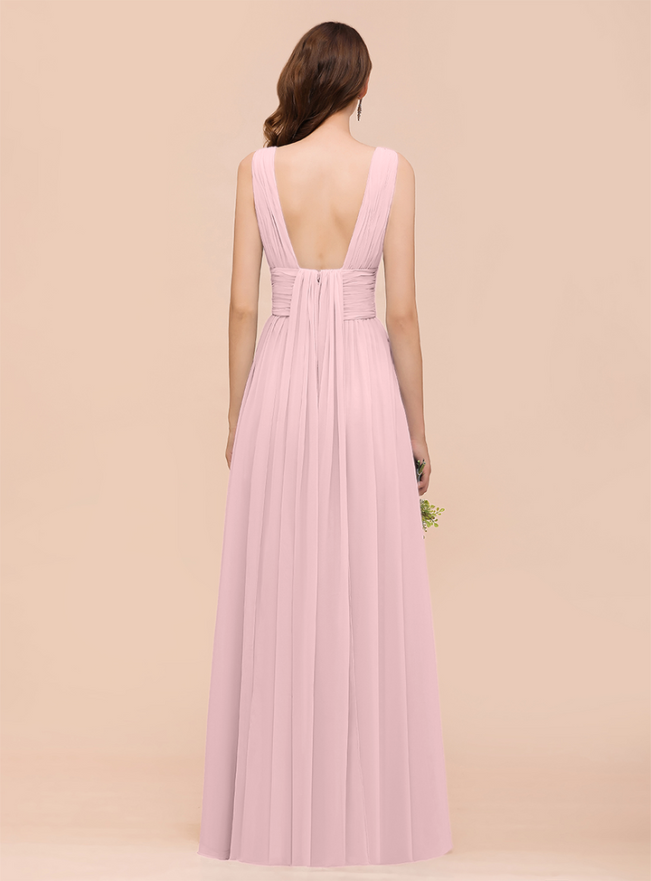 A-line Convertible Pleated Chiffon Floor-Length Dress Mist-koscy