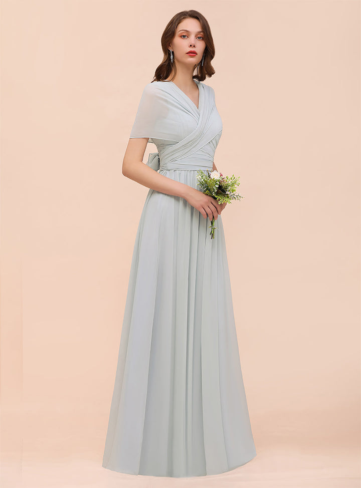 A-line Convertible Pleated Chiffon Floor-Length Dress Mist-koscy