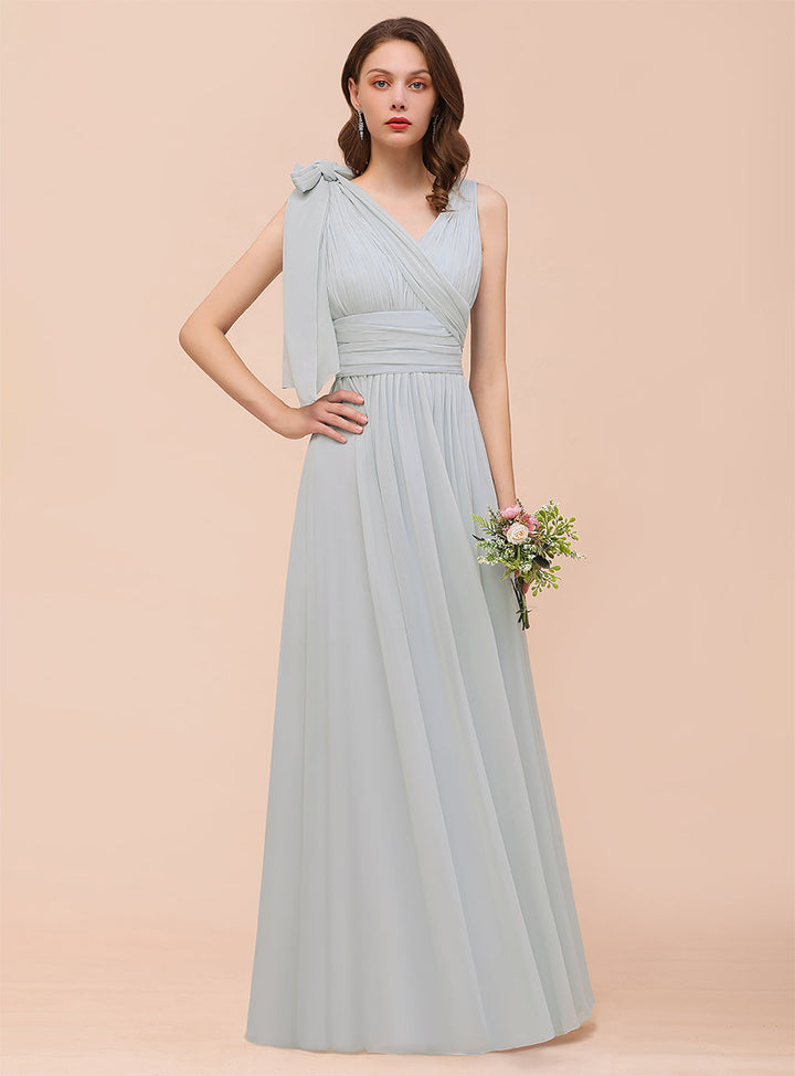 A-line Convertible Pleated Chiffon Floor-Length Dress Mist-koscy