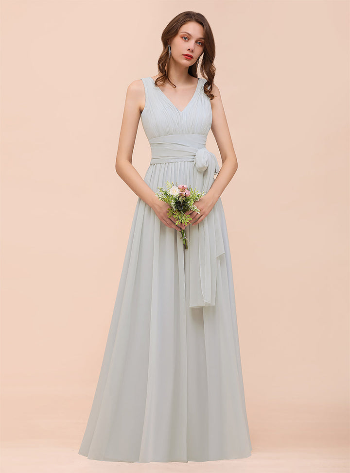 A-line Convertible Pleated Chiffon Floor-Length Dress Mist-koscy