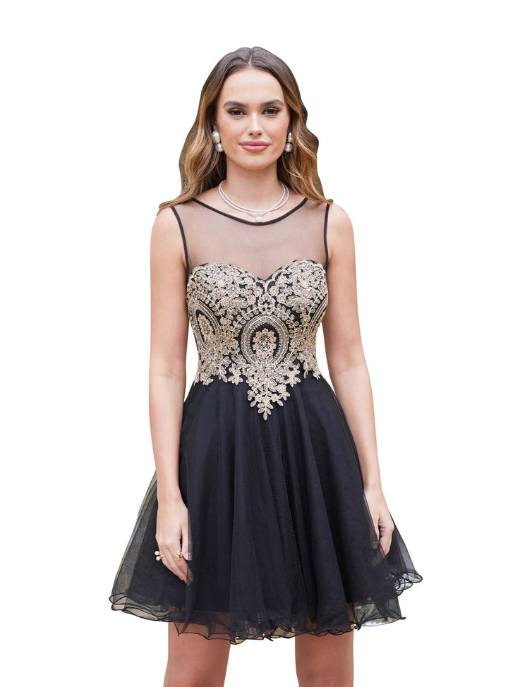 A-line Crew Sleeveless Gold Lace Appliques Knee Length Dress-koscy