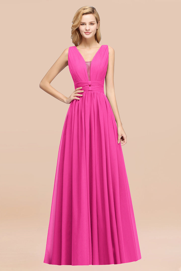 A-line Deep V-Neck Chiffon Floor-Length Dress-koscy