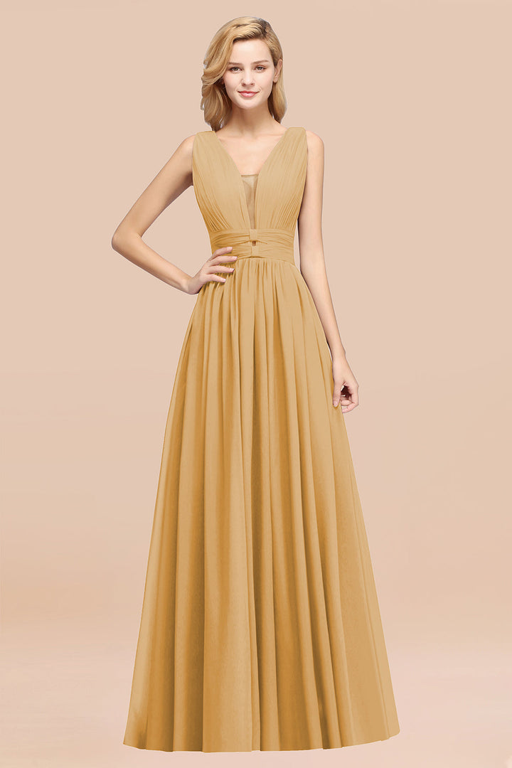 A-line Deep V-Neck Chiffon Floor-Length Dress-koscy