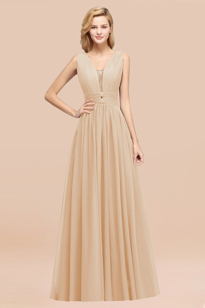 A-line Deep V-Neck Chiffon Floor-Length Dress-koscy