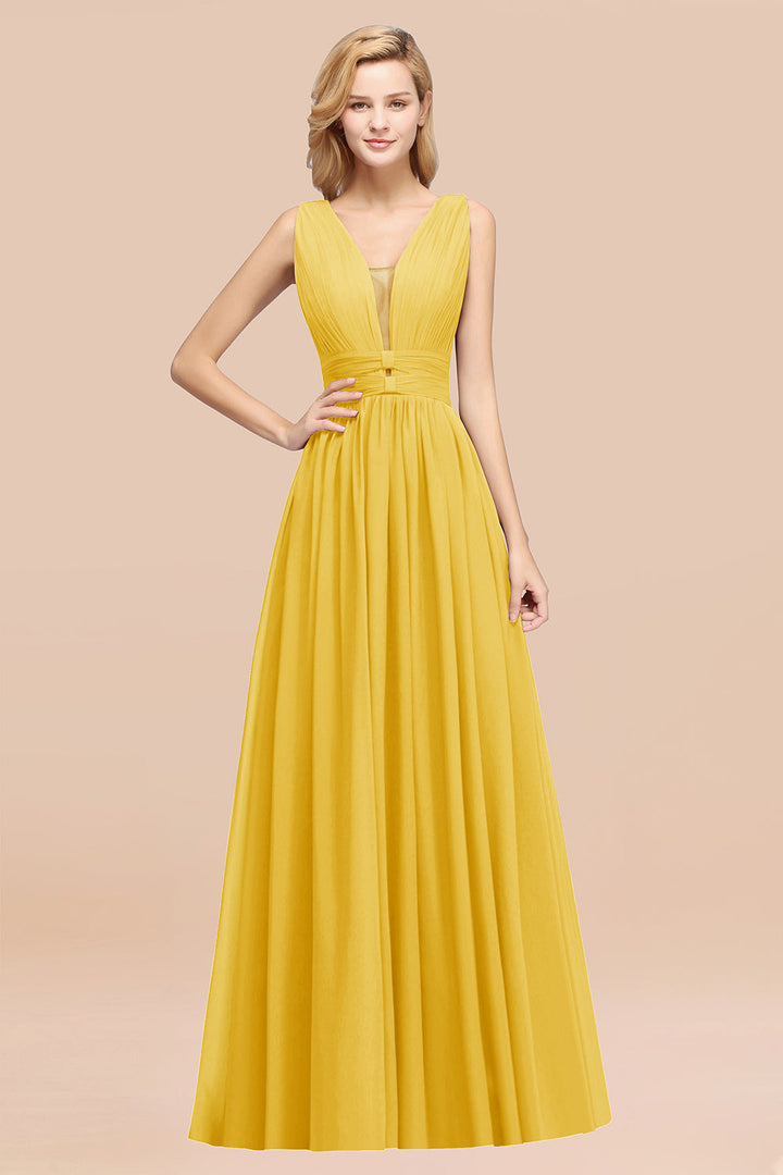 A-line Deep V-Neck Chiffon Floor-Length Dress-koscy