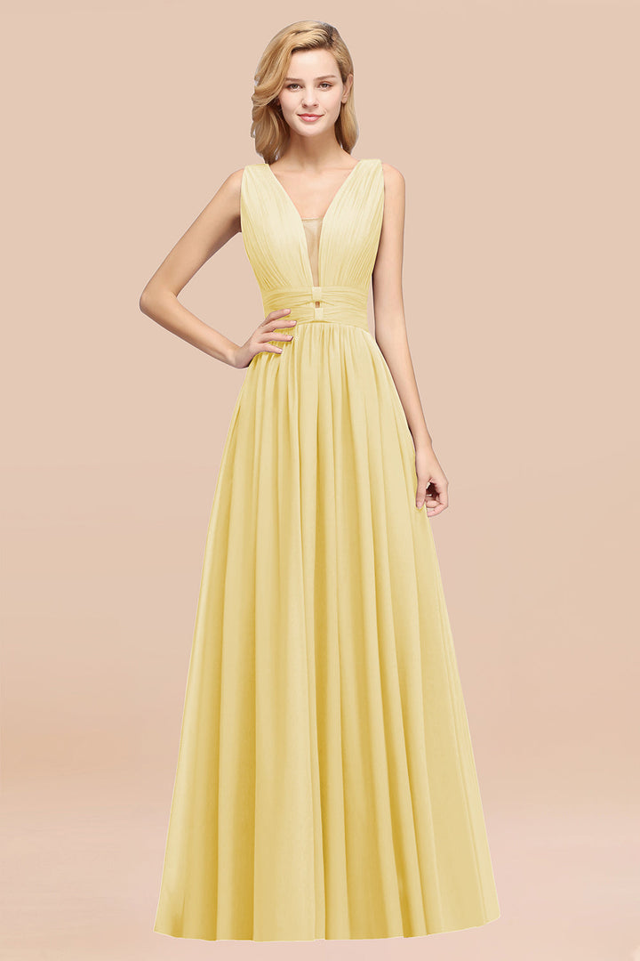 A-line Deep V-Neck Chiffon Floor-Length Dress-koscy