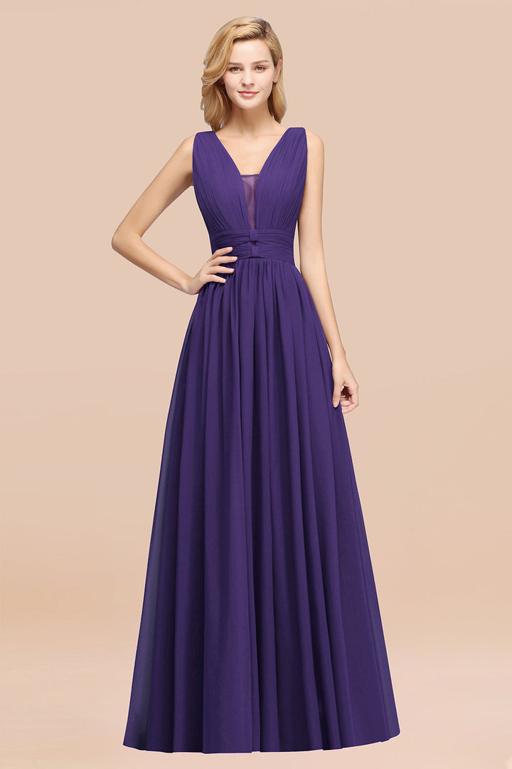 A-line Deep V-Neck Chiffon Floor-Length Dress-koscy