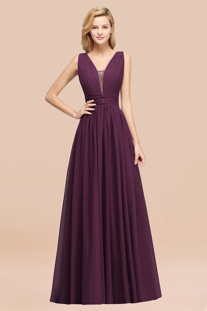 A-line Deep V-Neck Chiffon Floor-Length Dress-koscy