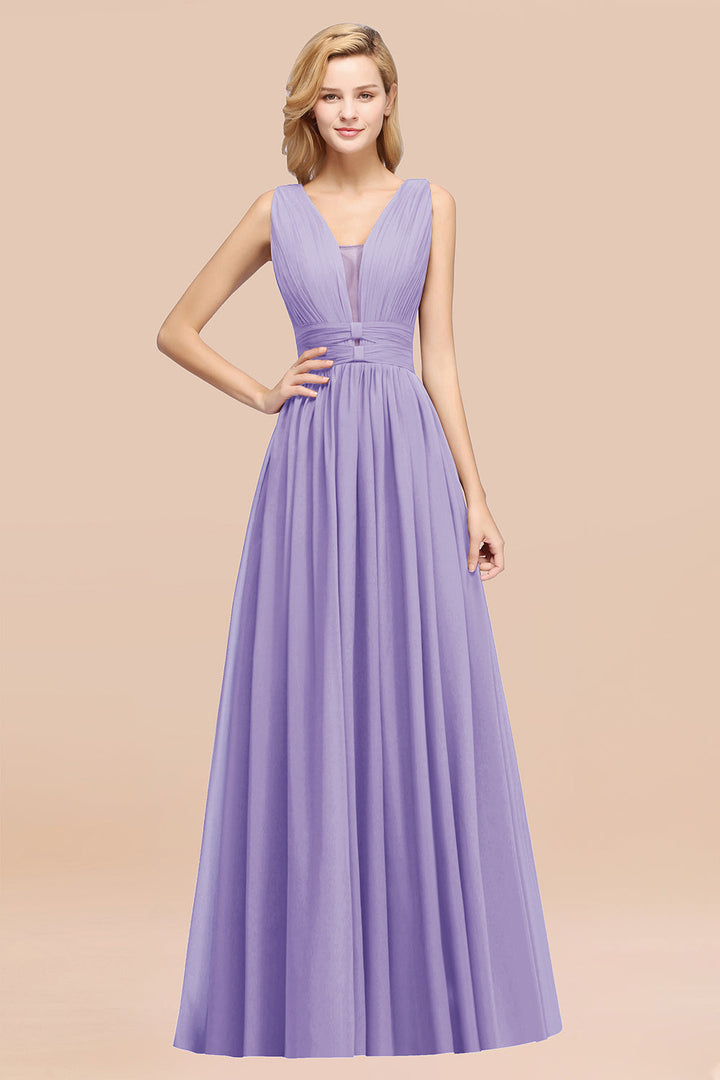 A-line Deep V-Neck Chiffon Floor-Length Dress-koscy