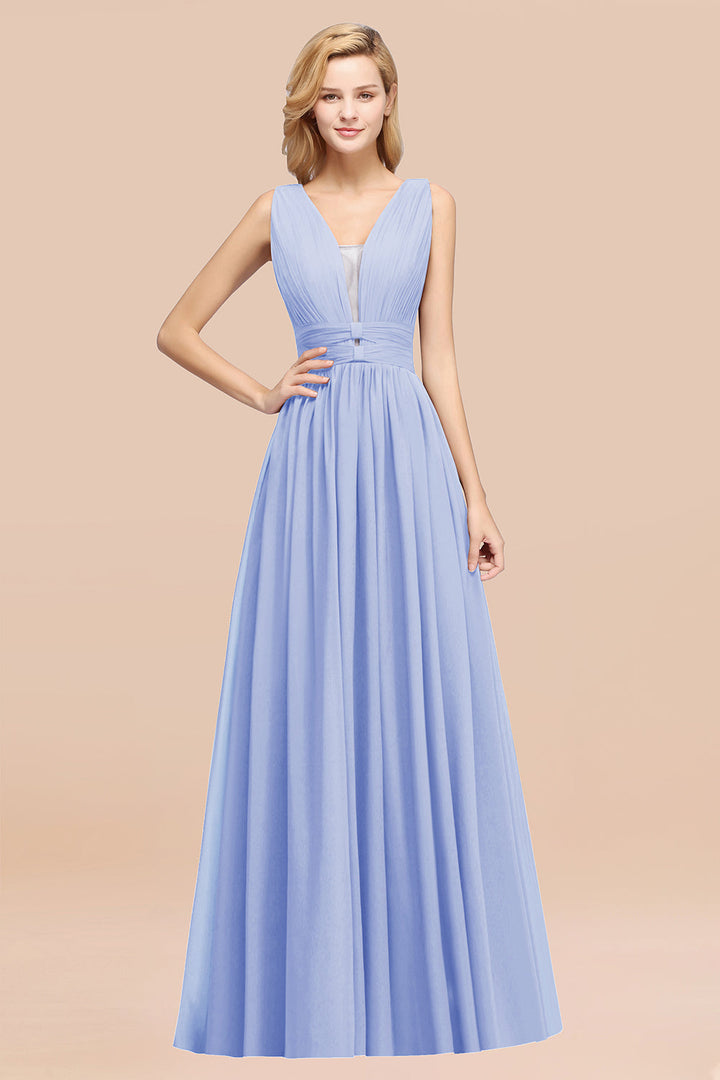 A-line Deep V-Neck Chiffon Floor-Length Dress-koscy