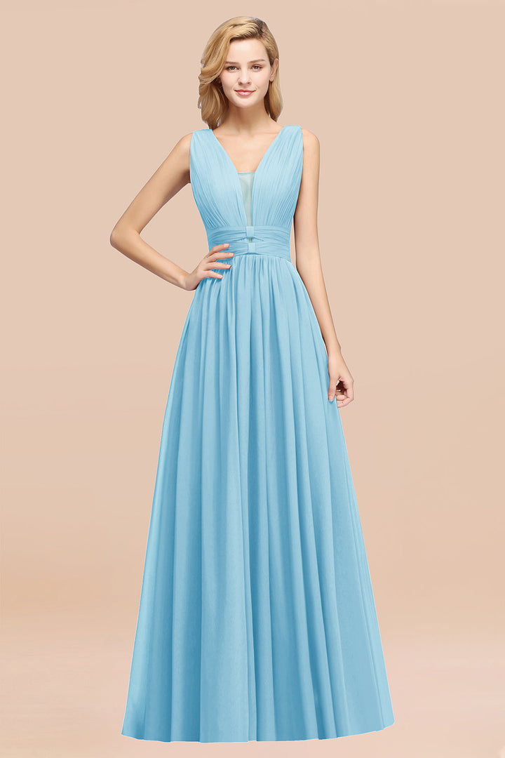 A-line Deep V-Neck Chiffon Floor-Length Dress-koscy