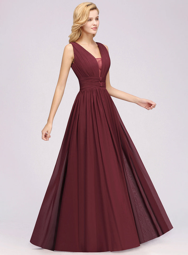 A-line Deep V-Neck Chiffon Floor-Length Dress-koscy