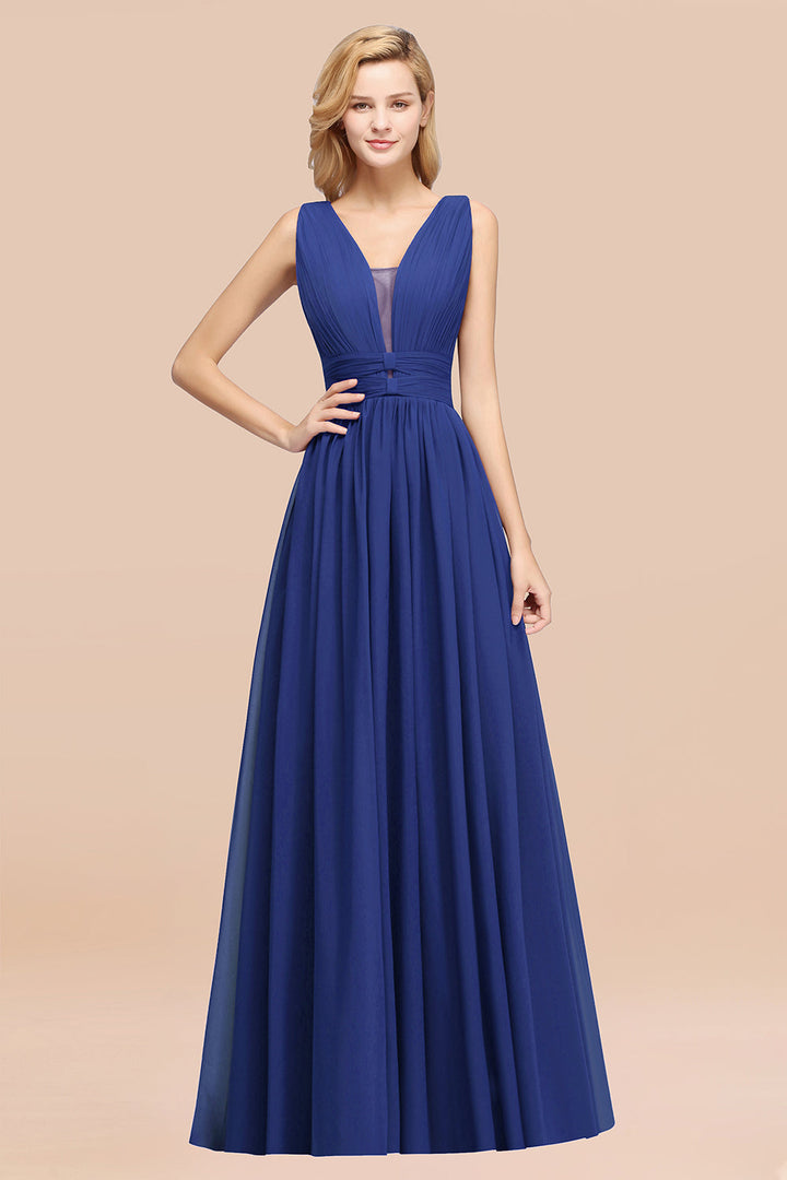 A-line Deep V-Neck Chiffon Floor-Length Dress-koscy