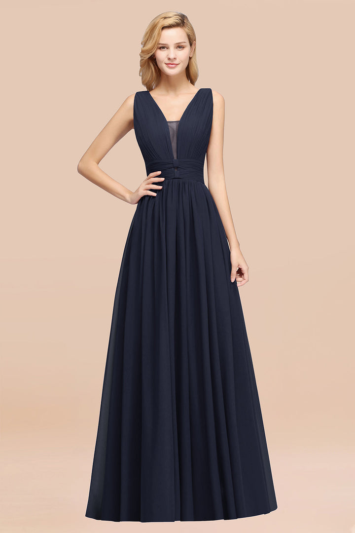 A-line Deep V-Neck Chiffon Floor-Length Dress-koscy