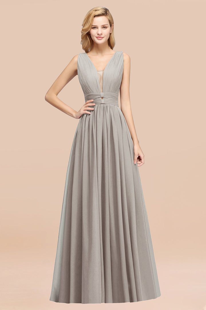 A-line Deep V-Neck Chiffon Floor-Length Dress-koscy