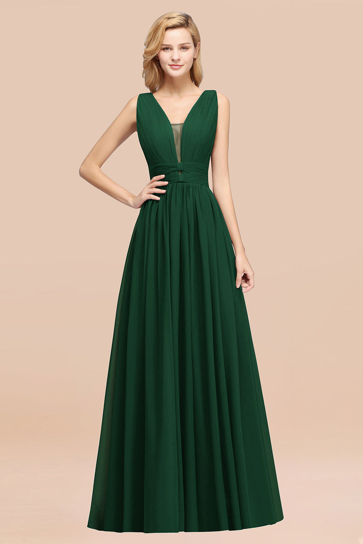 A-line Deep V-Neck Chiffon Floor-Length Dress-koscy