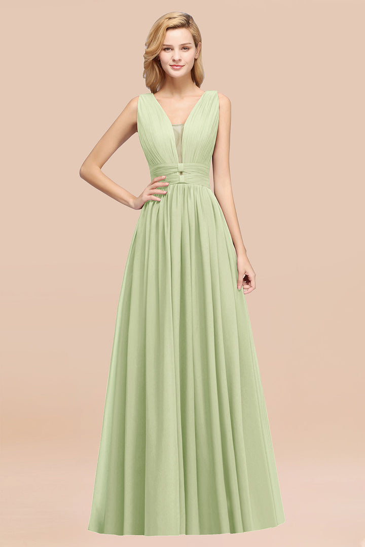 A-line Deep V-Neck Chiffon Floor-Length Dress-koscy