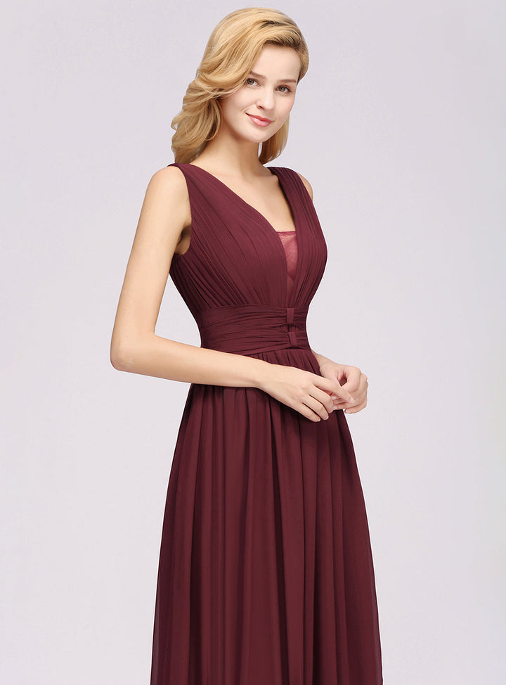 A-line Deep V-Neck Chiffon Floor-Length Dress-koscy