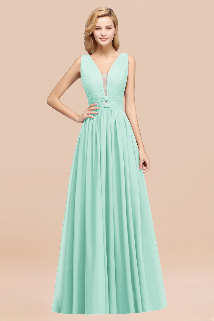 A-line Deep V-Neck Chiffon Floor-Length Dress-koscy