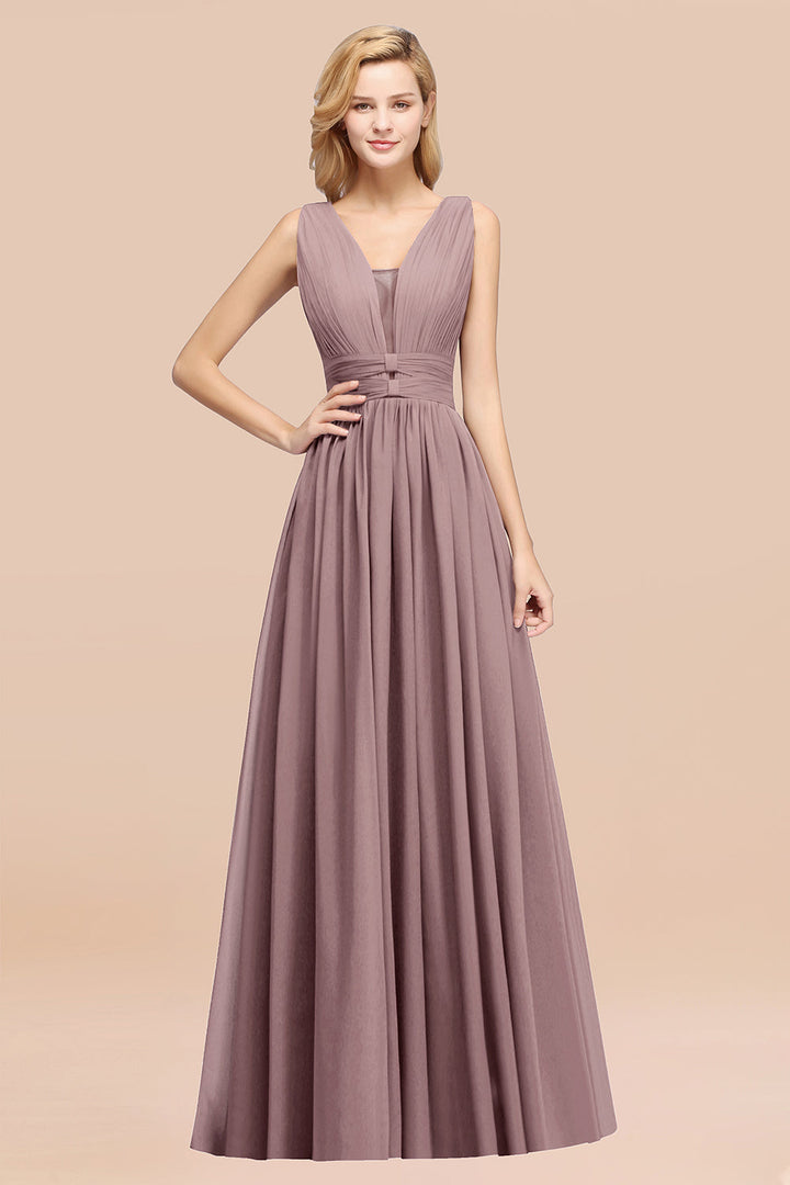 A-line Deep V-Neck Chiffon Floor-Length Dress-koscy