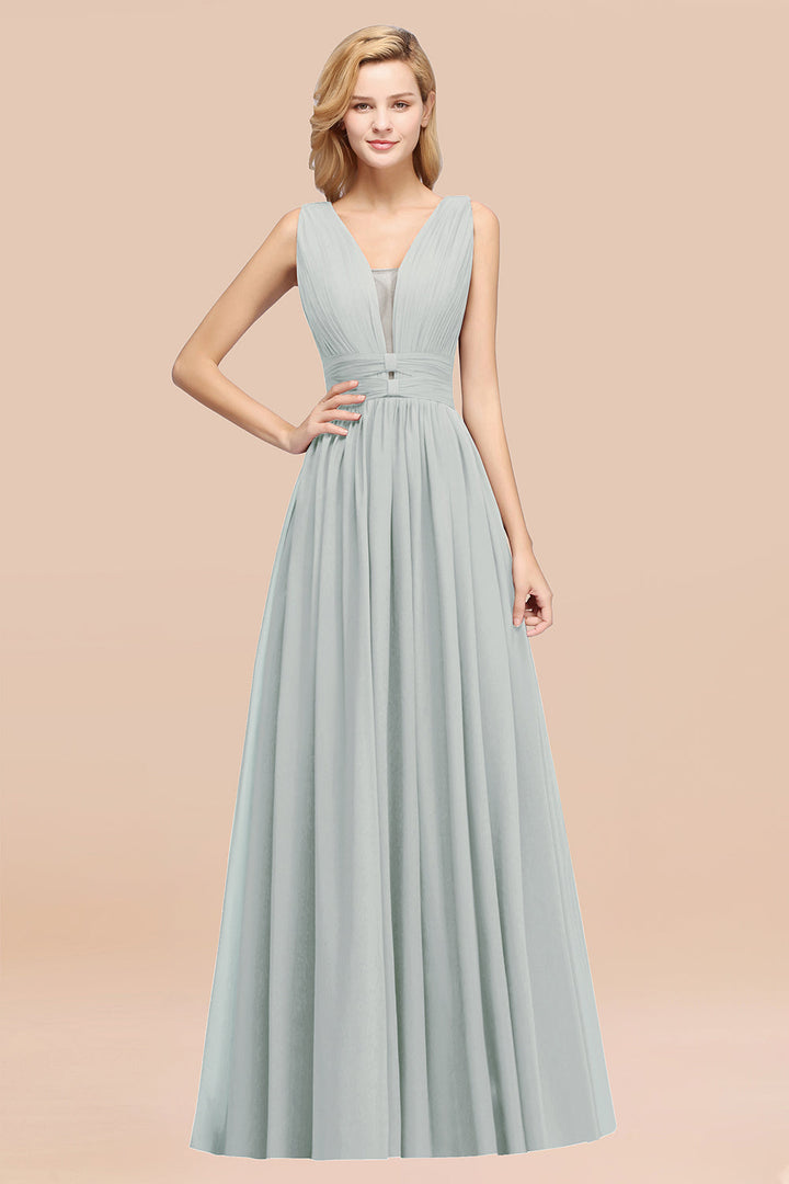 A-line Deep V-Neck Chiffon Floor-Length Dress-koscy