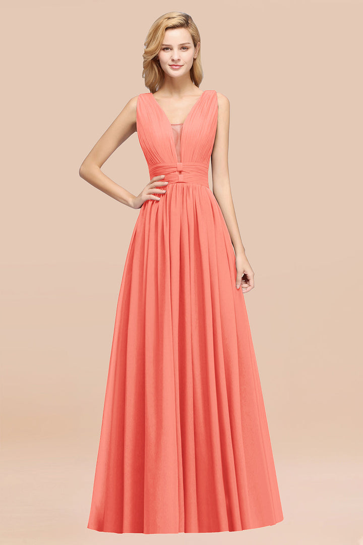 A-line Deep V-Neck Chiffon Floor-Length Dress-koscy