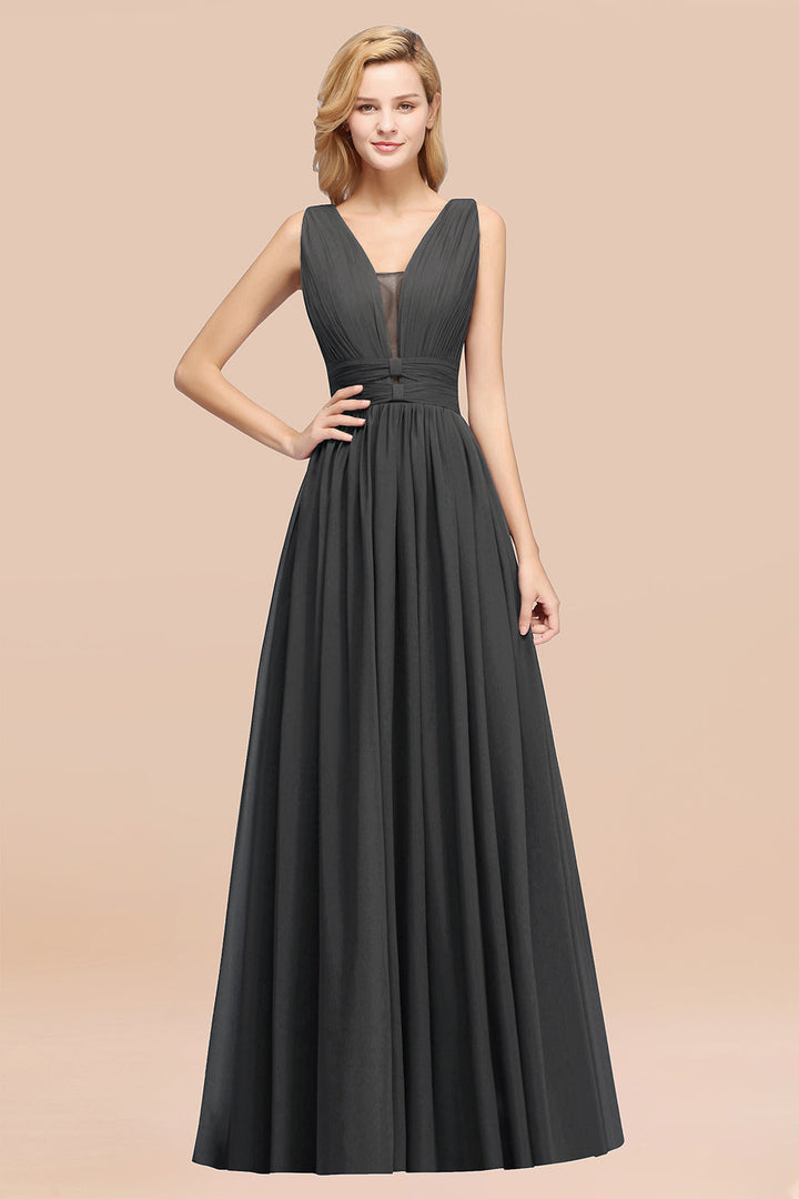 A-line Deep V-Neck Chiffon Floor-Length Dress-koscy