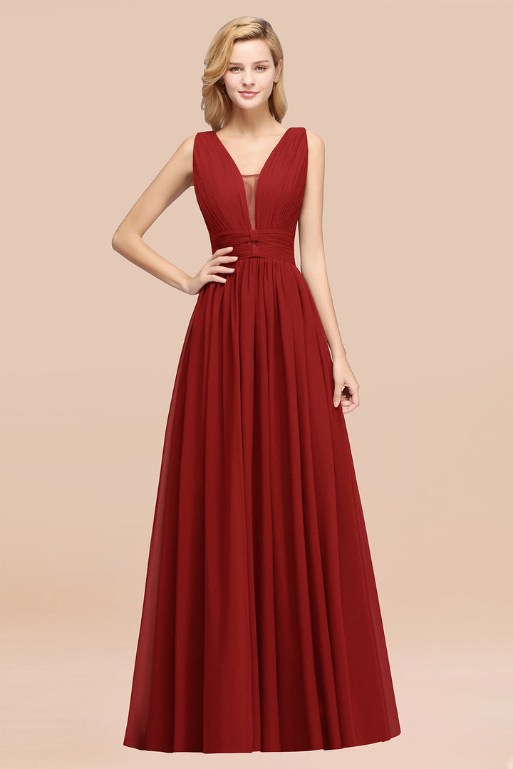 A-line Deep V-Neck Chiffon Floor-Length Dress-koscy