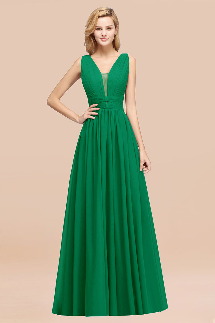 A-line Deep V-Neck Chiffon Floor-Length Dress-koscy