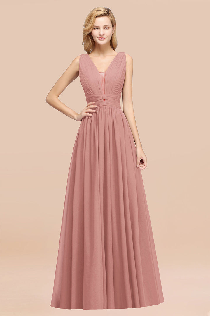 A-line Deep V-Neck Chiffon Floor-Length Dress-koscy