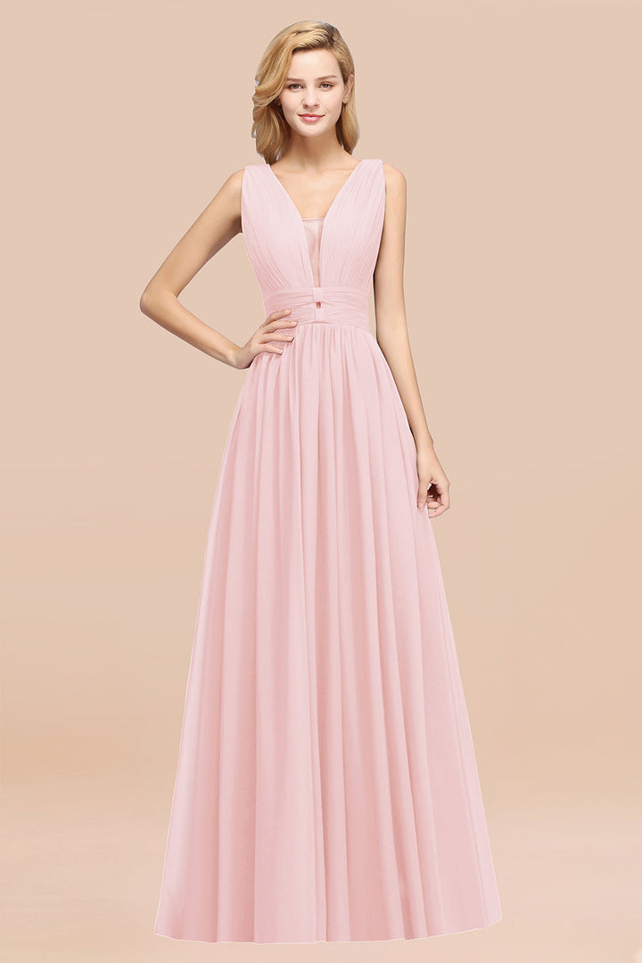 A-line Deep V-Neck Chiffon Floor-Length Dress-koscy